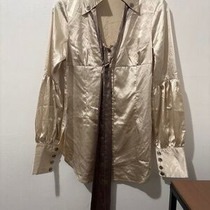 Champagne Satin Long-Sleeve Shirt with Buttoned Cuffs and Neck Tie